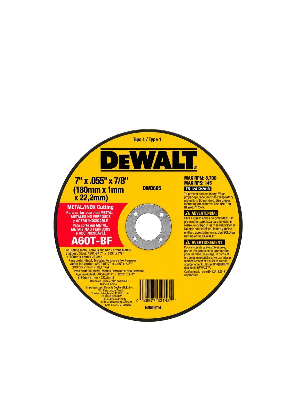 Disco DeWalt metal corte fino 7 x 1/16 para corte preciso de acero y metales