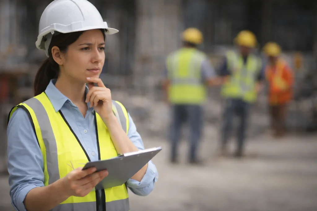 Ingeniera evaluando la elección de materiales de construcción sostenibles para optimizar costos en obra